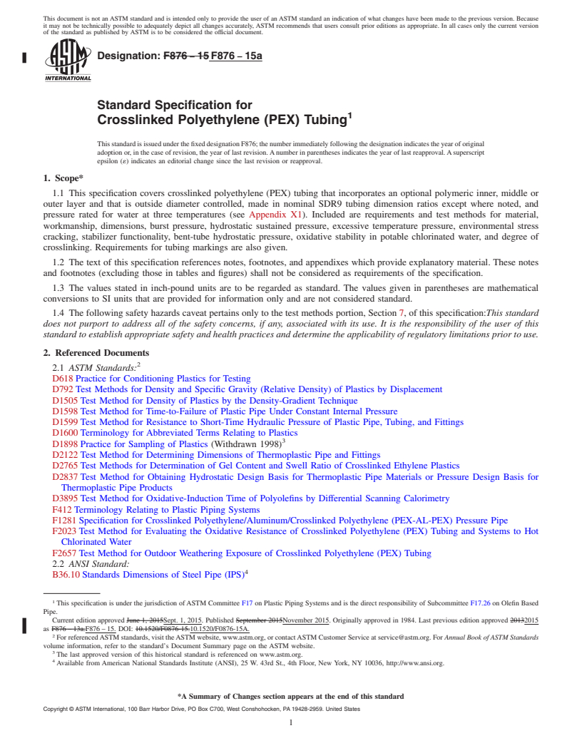 REDLINE ASTM F876-15a - Standard Specification for  Crosslinked Polyethylene (PEX) Tubing