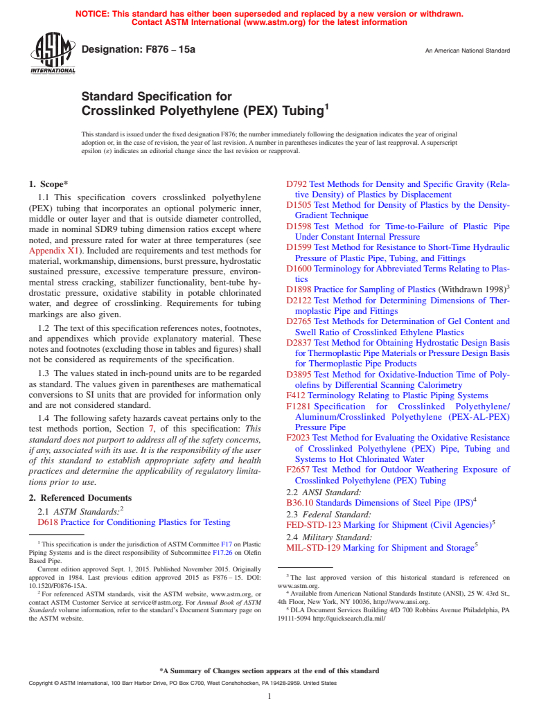 ASTM F876-15a - Standard Specification for  Crosslinked Polyethylene (PEX) Tubing