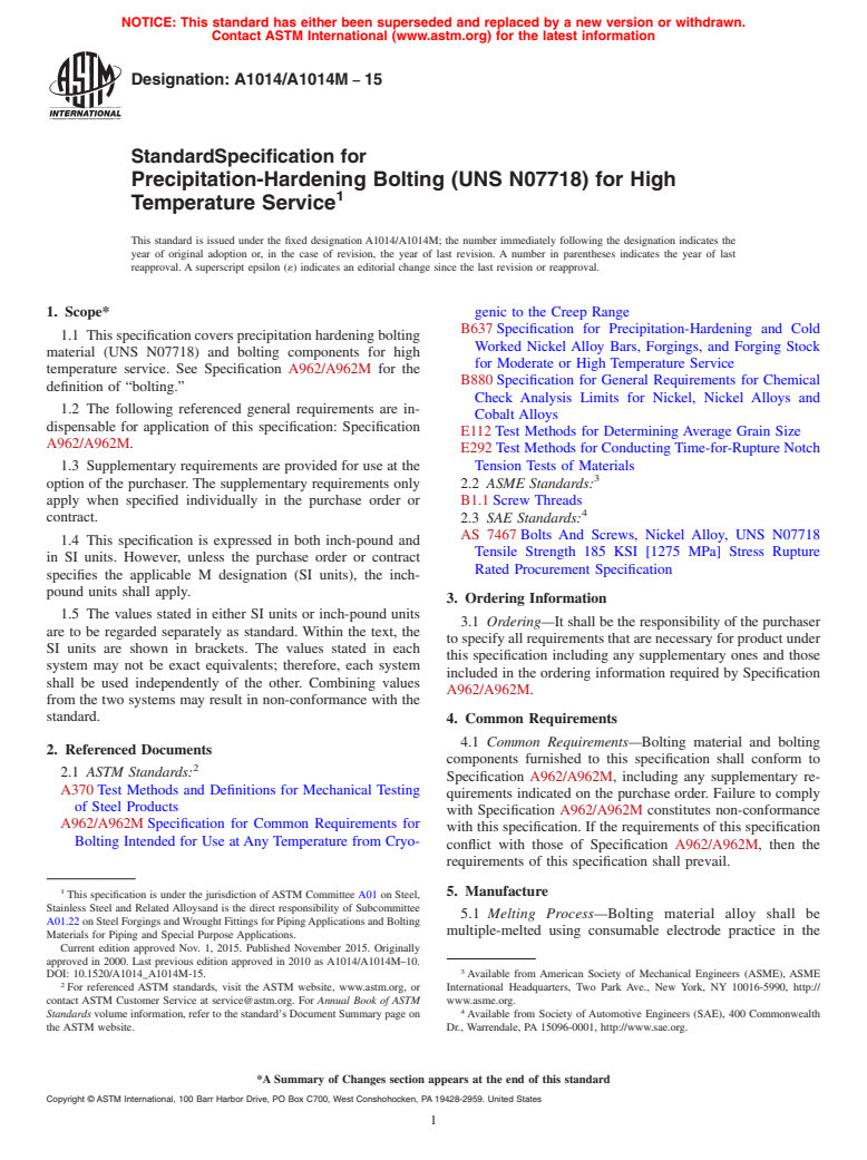 ASTM A1014/A1014M-15 - Standard Specification for  Precipitation-Hardening Bolting (UNS N07718) for High Temperature   Service