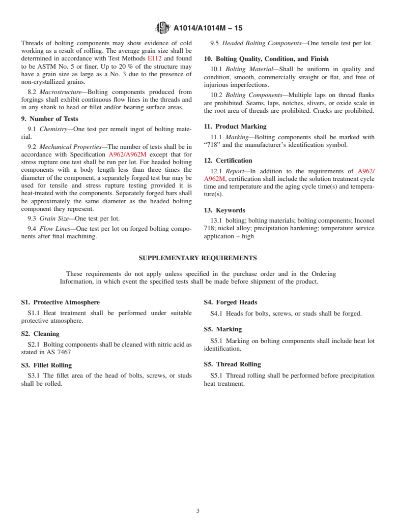 ASTM A1014/A1014M-15 - Standard Specification for  Precipitation-Hardening Bolting (UNS N07718) for High Temperature   Service