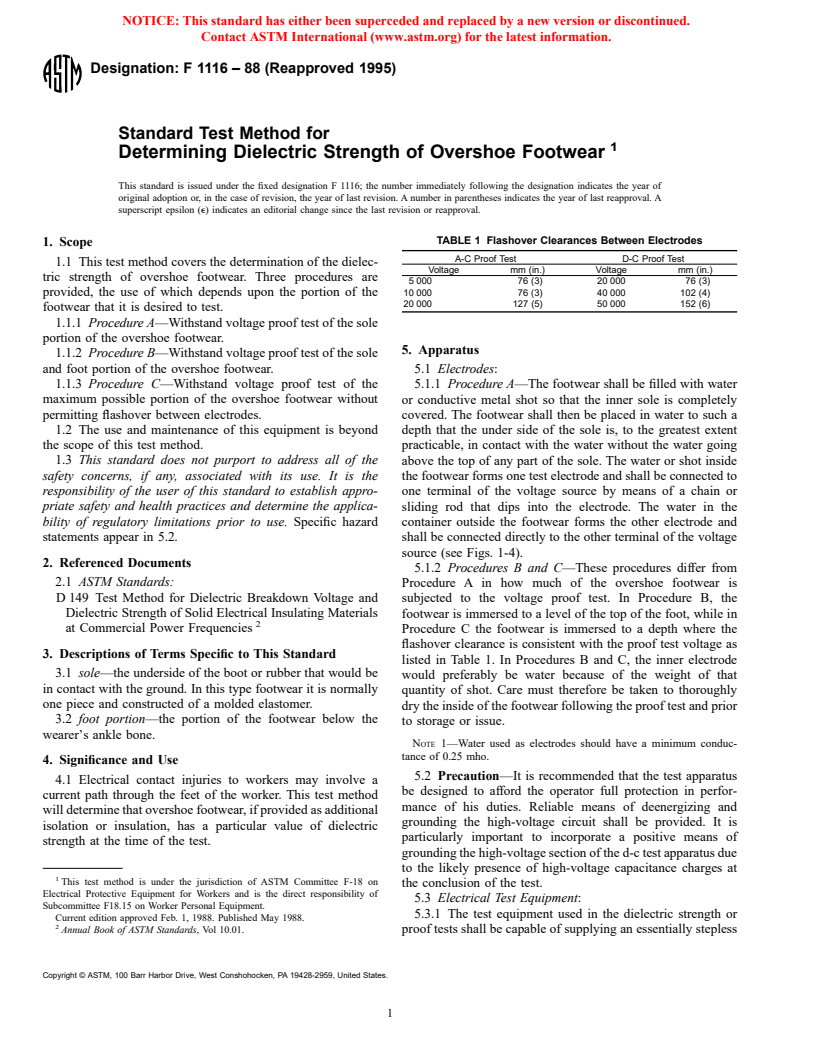 ASTM F1116-88(1995) - Standard Test Method for Determining Dielectric Strength of Overshoe Footwear