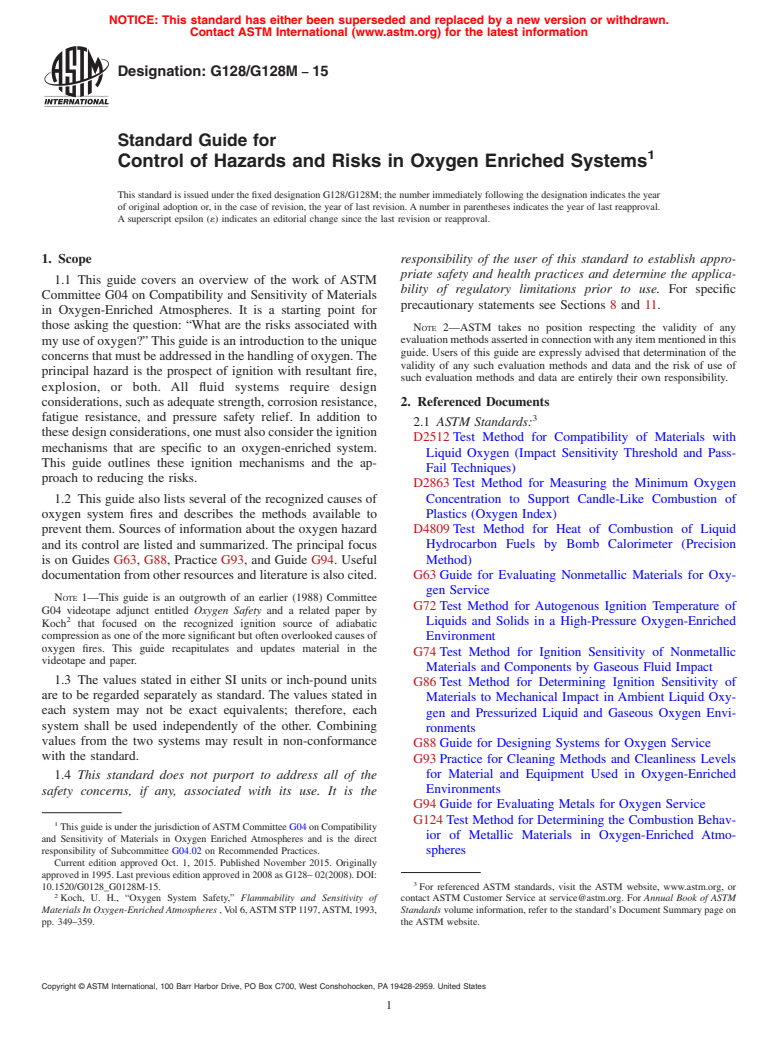 ASTM G128/G128M-15 - Standard Guide for  Control of Hazards and Risks in Oxygen Enriched Systems