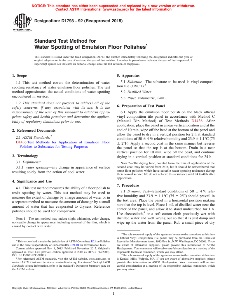 ASTM D1793-92(2015) - Standard Test Method for  Water Spotting of Emulsion Floor Polishes