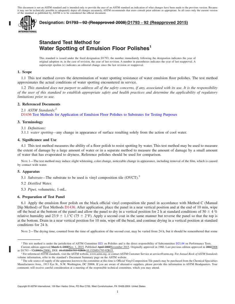 REDLINE ASTM D1793-92(2015) - Standard Test Method for  Water Spotting of Emulsion Floor Polishes