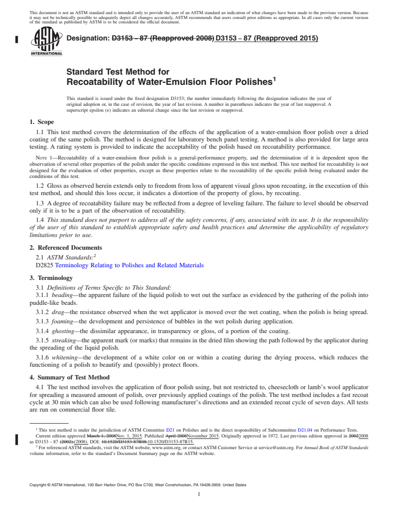 REDLINE ASTM D3153-87(2015) - Standard Test Method for  Recoatability of Water-Emulsion Floor Polishes