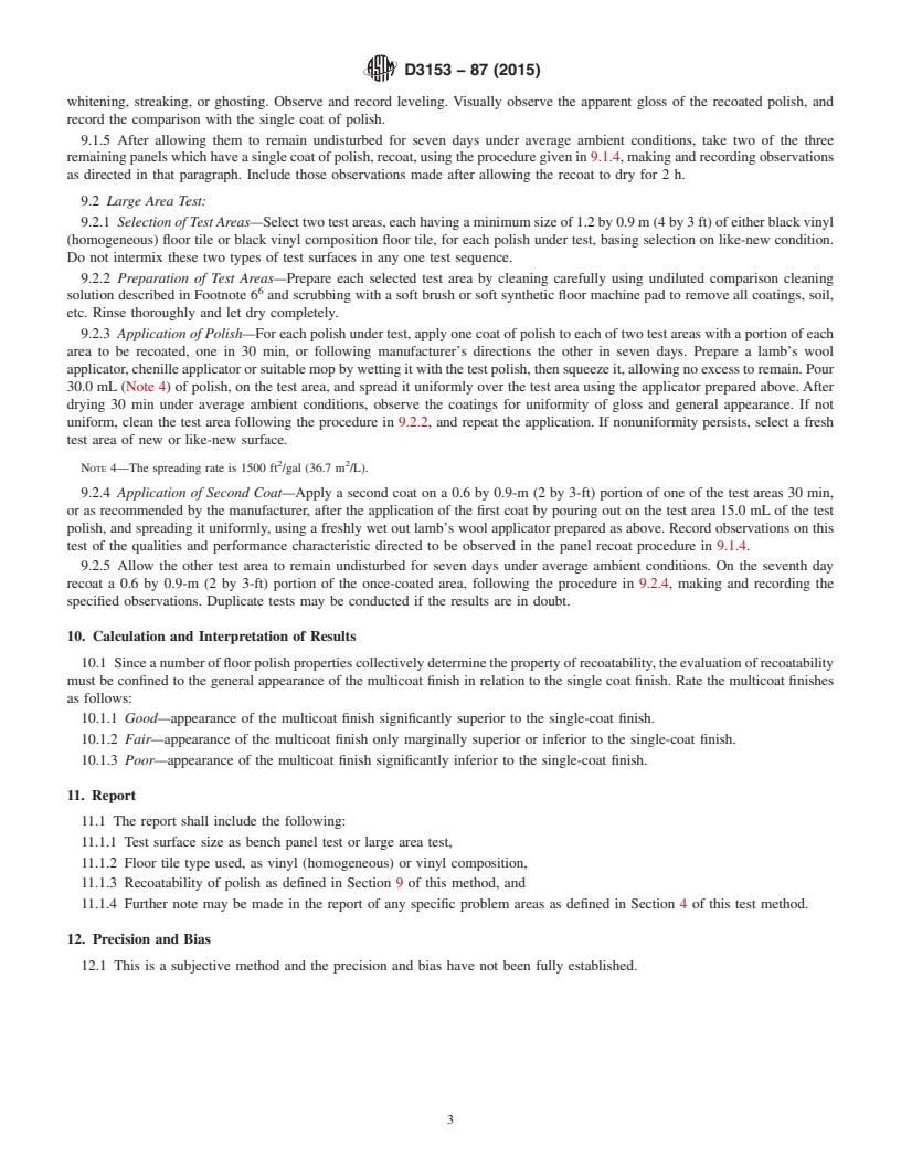 REDLINE ASTM D3153-87(2015) - Standard Test Method for  Recoatability of Water-Emulsion Floor Polishes