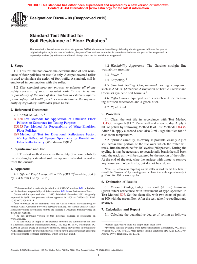 ASTM D3206-08(2015) - Standard Test Method for  Soil Resistance of Floor Polishes