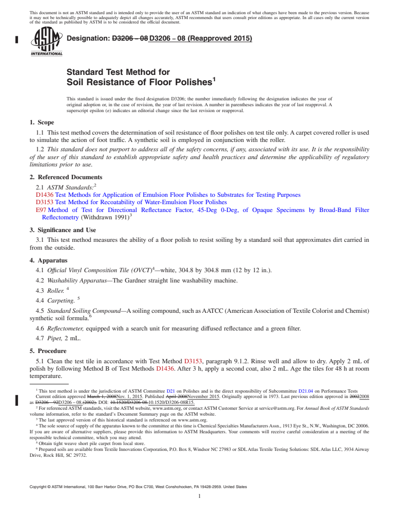 REDLINE ASTM D3206-08(2015) - Standard Test Method for  Soil Resistance of Floor Polishes