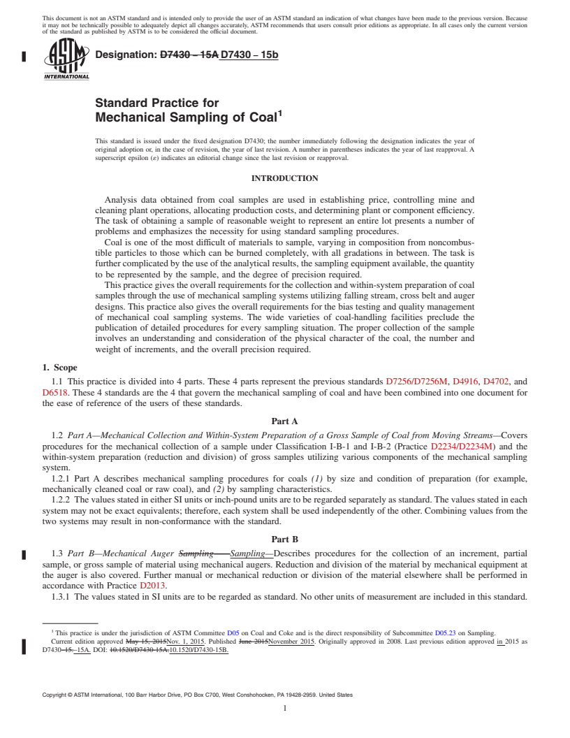 REDLINE ASTM D7430-15b - Standard Practice for  Mechanical Sampling of Coal