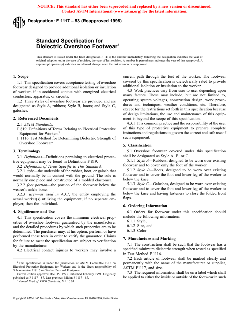 ASTM F1117-93(1998) - Standard Specification for Dielectric Overshoe Footwear