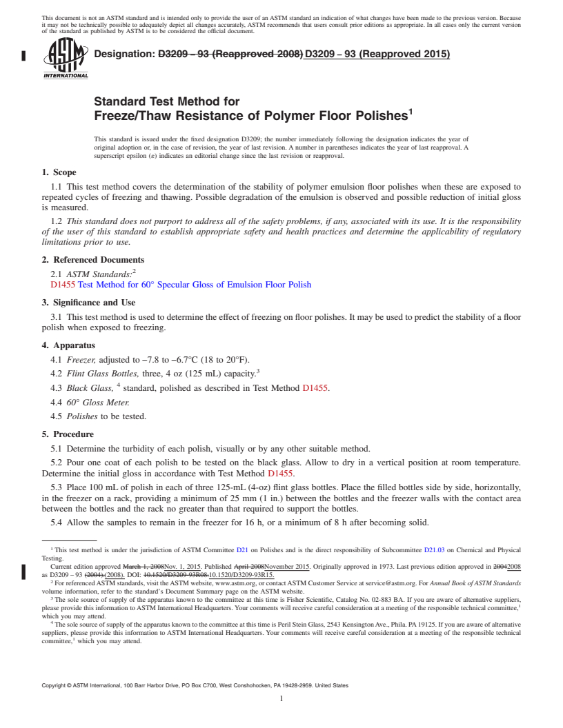 REDLINE ASTM D3209-93(2015) - Standard Test Method for  Freeze/Thaw Resistance of Polymer Floor Polishes