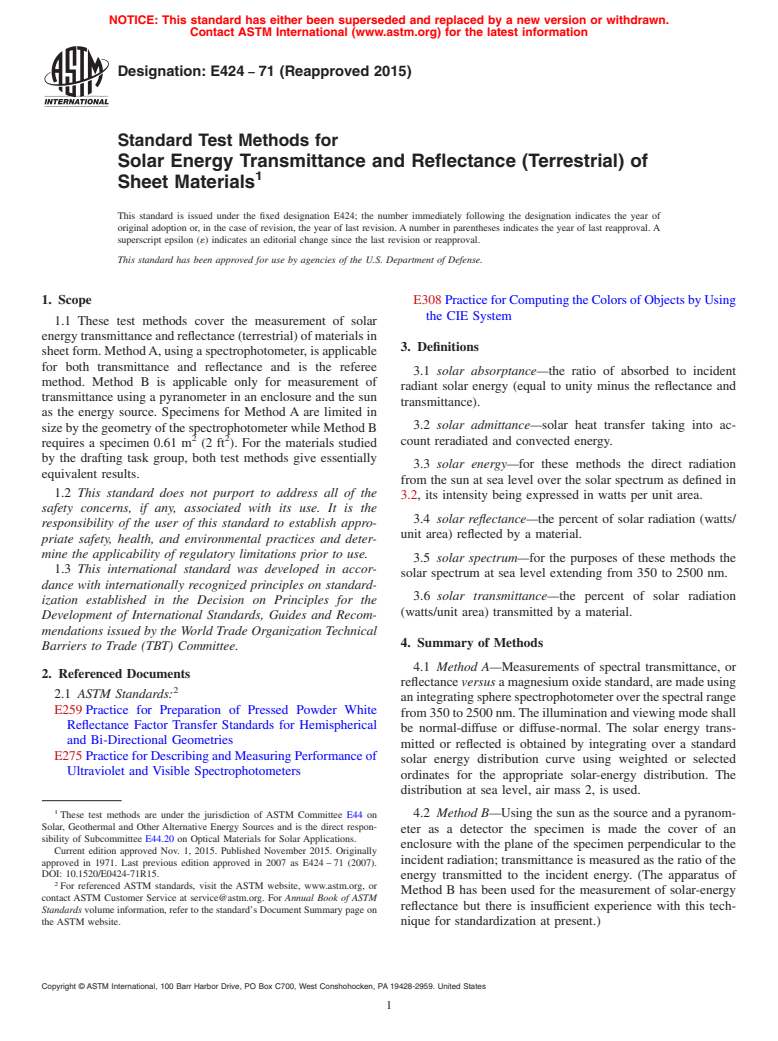 ASTM E424-71(2015) - Standard Test Methods for  Solar Energy Transmittance and Reflectance (Terrestrial) of  Sheet Materials