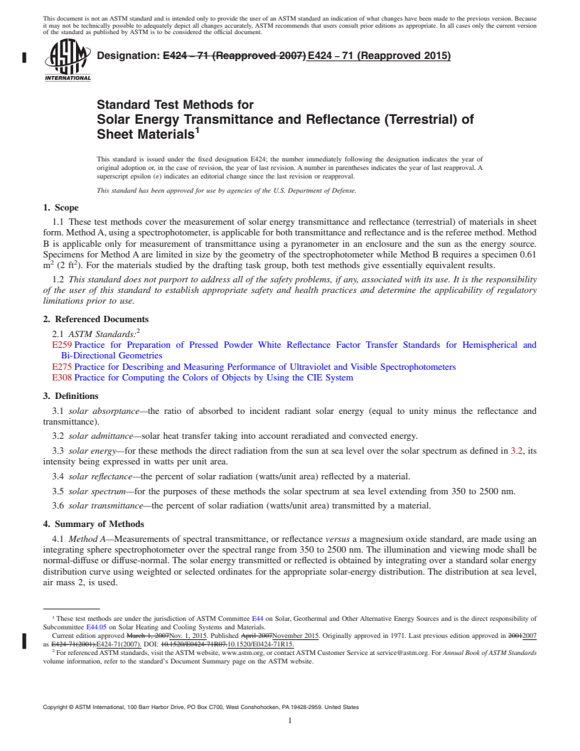 REDLINE ASTM E424-71(2015) - Standard Test Methods for  Solar Energy Transmittance and Reflectance (Terrestrial) of  Sheet Materials