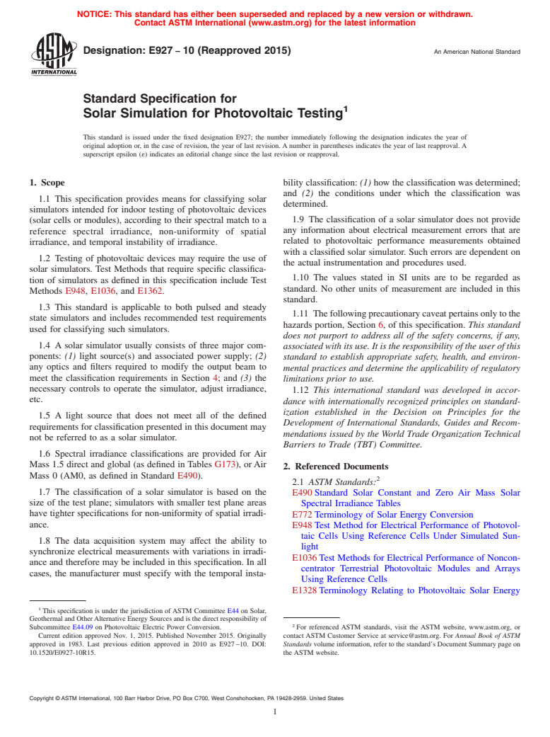 ASTM E927-10(2015) - Standard Specification for  Solar Simulation for Photovoltaic Testing