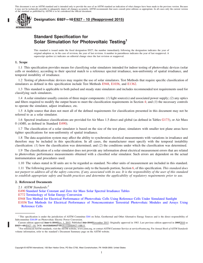 REDLINE ASTM E927-10(2015) - Standard Specification for  Solar Simulation for Photovoltaic Testing