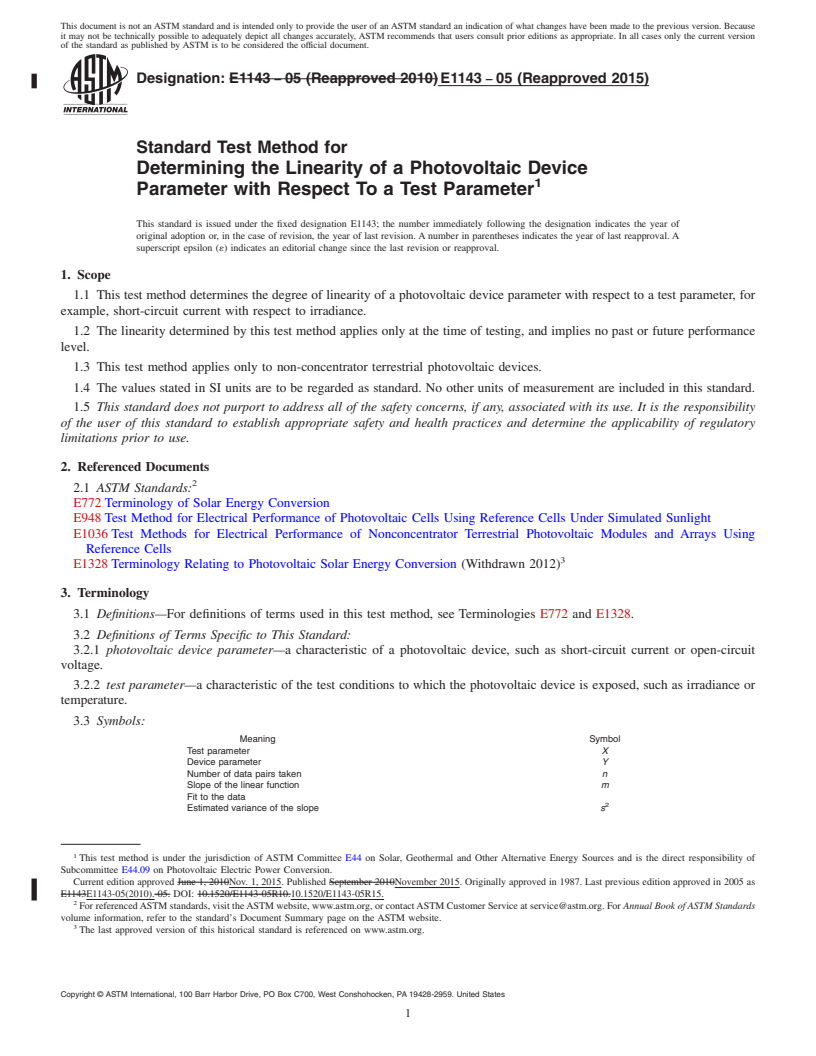 REDLINE ASTM E1143-05(2015) - Standard Test Method for  Determining the Linearity of a Photovoltaic Device Parameter  with Respect To a Test Parameter