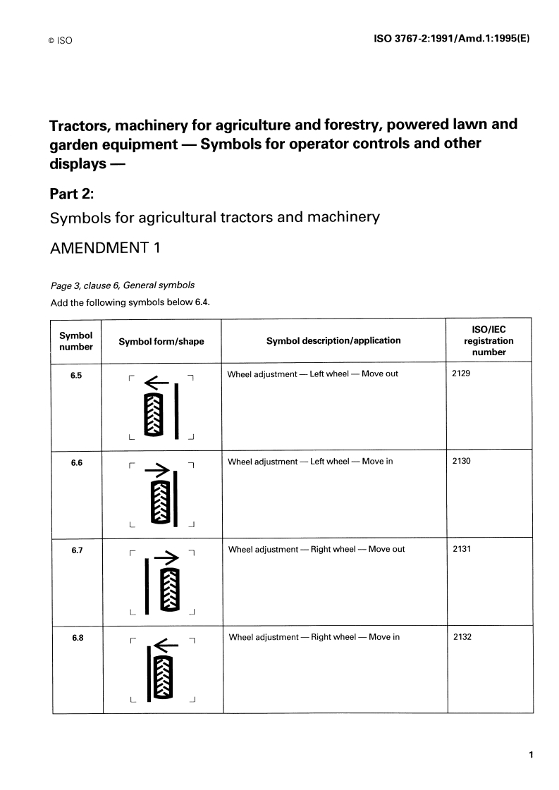 ISO 3767-2:1991/Amd 1:1995 - Tractors, machinery for agriculture and forestry, powered lawn and garden equipment — Symbols for operator controls and other displays — Part 2: Symbols for agricultural tractors and machinery — Amendment 1
Released:2/23/1995