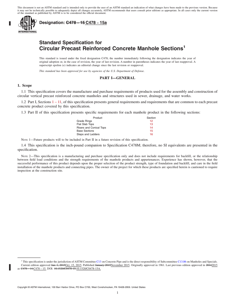 REDLINE ASTM C478-15a - Standard Specification for  Circular Precast Reinforced Concrete Manhole Sections