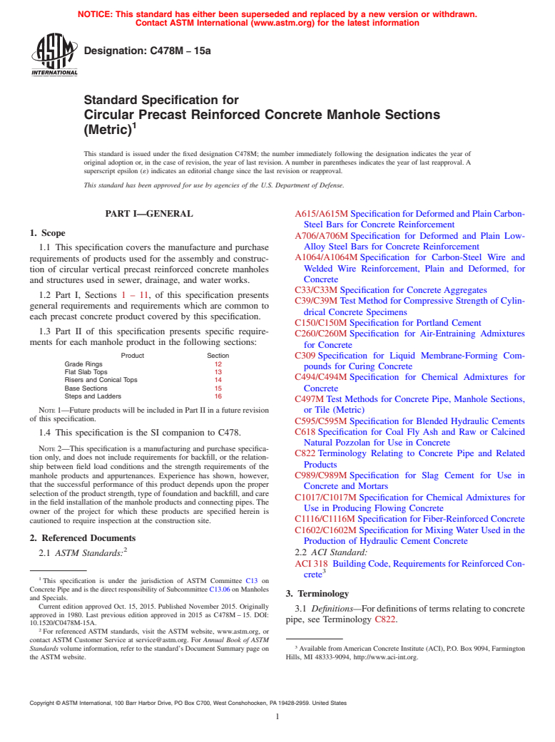 ASTM C478M-15a - Standard Specification for Circular Precast Reinforced Concrete Manhole Sections (Metric)