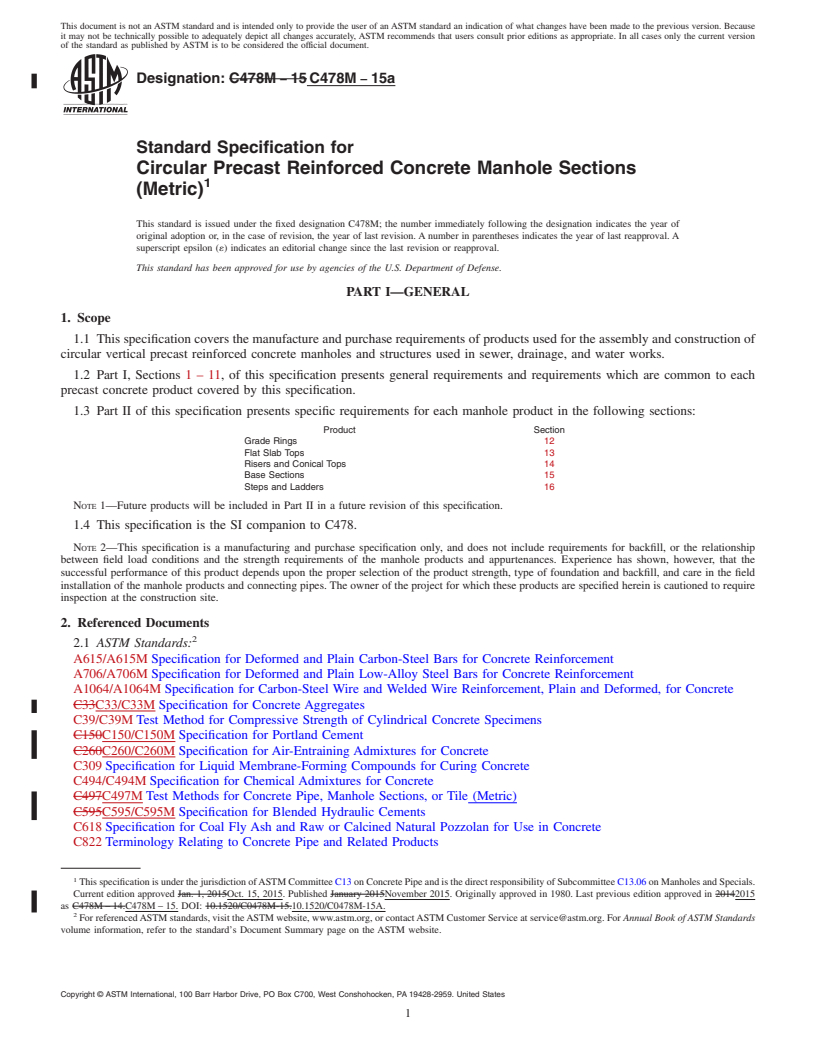 REDLINE ASTM C478M-15a - Standard Specification for Circular Precast Reinforced Concrete Manhole Sections (Metric)