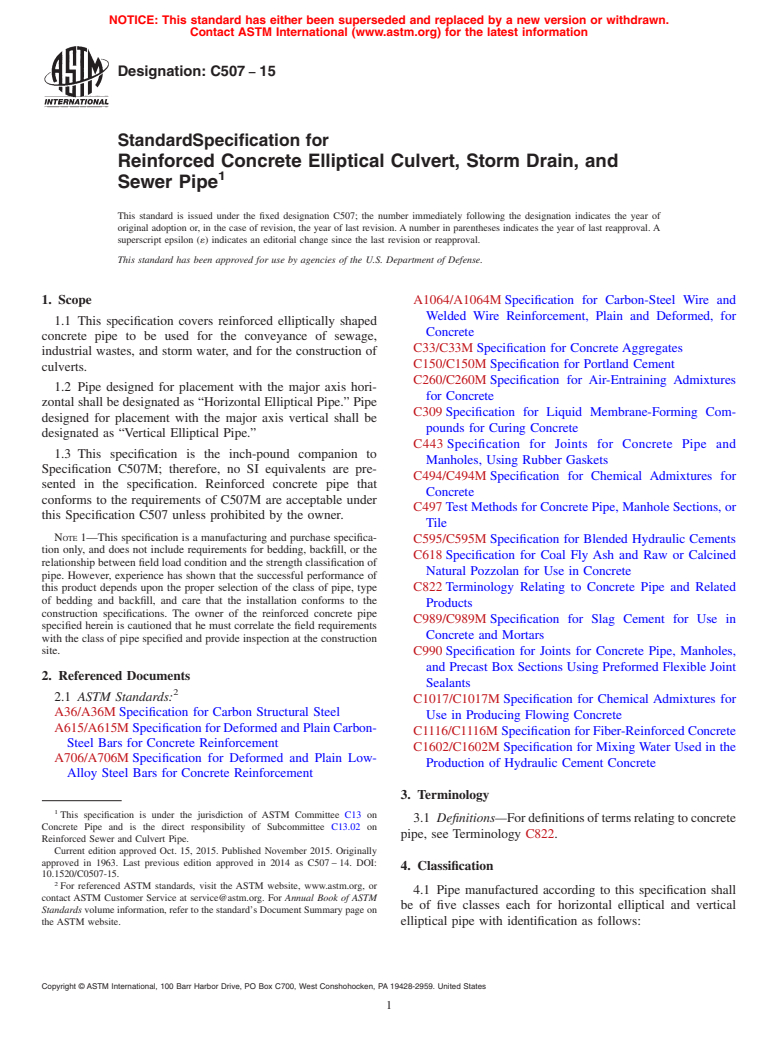 ASTM C507-15 - Standard Specification for  Reinforced Concrete Elliptical Culvert, Storm Drain, and Sewer  Pipe