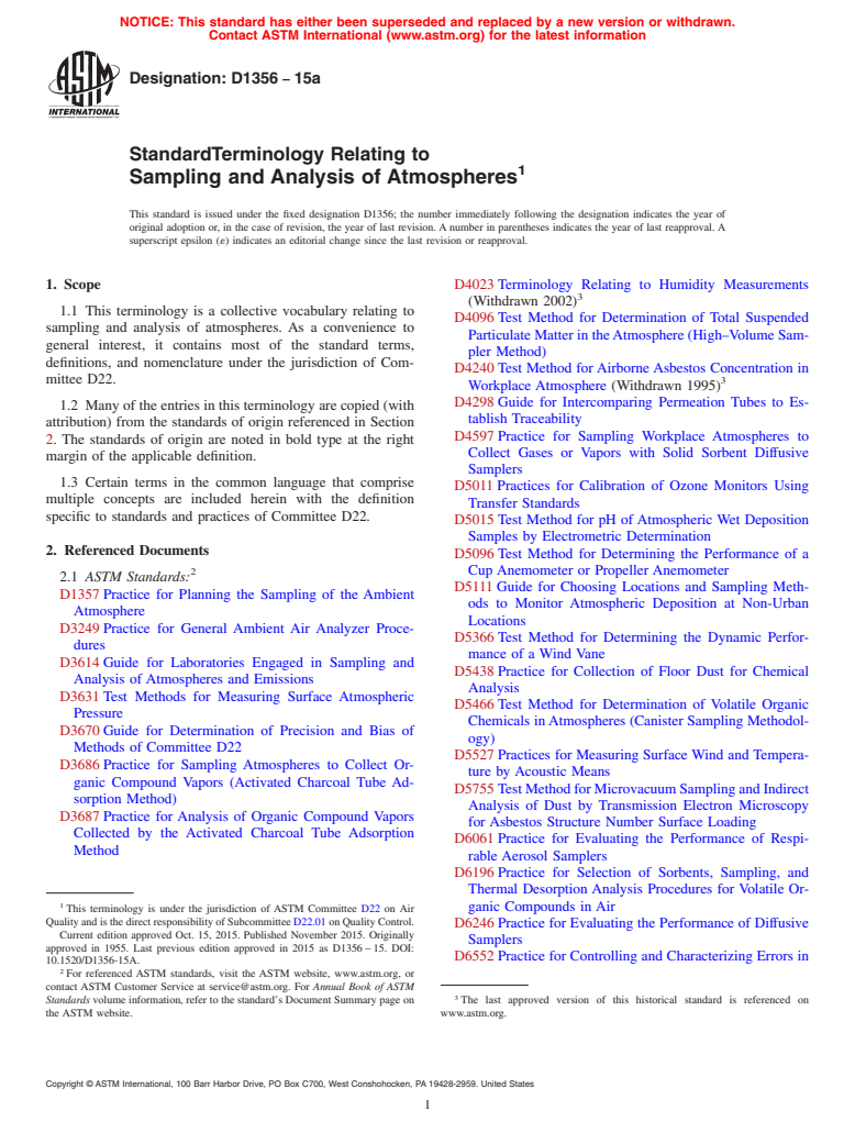 ASTM D1356-15a - Standard Terminology Relating to  Sampling and Analysis of Atmospheres