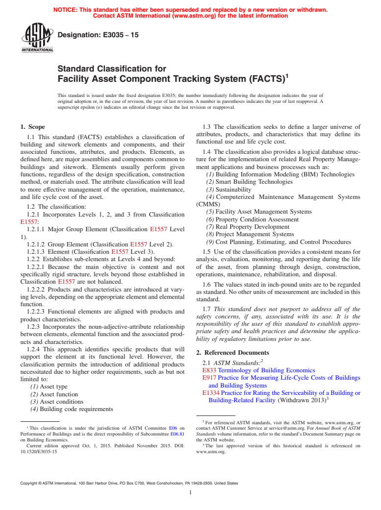 ASTM E3035-15 - Standard Classification for Facility Asset Component Tracking System (FACTS)