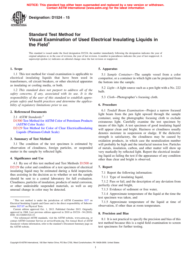 ASTM D1524-15 - Standard Test Method for  Visual Examination of Used Electrical Insulating Liquids in  the Field