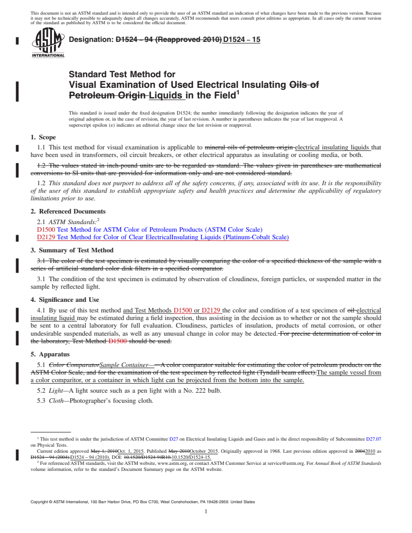 REDLINE ASTM D1524-15 - Standard Test Method for  Visual Examination of Used Electrical Insulating Liquids in  the Field