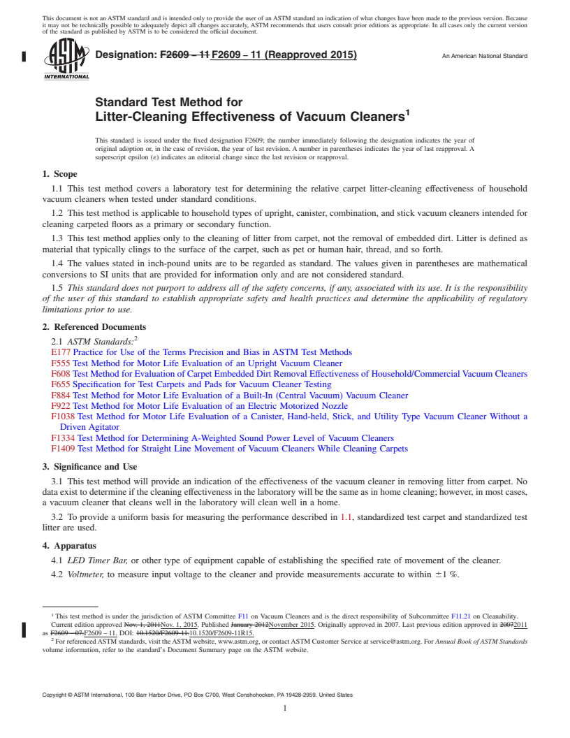 REDLINE ASTM F2609-11(2015) - Standard Test Method for  Litter-Cleaning Effectiveness of Vacuum Cleaners