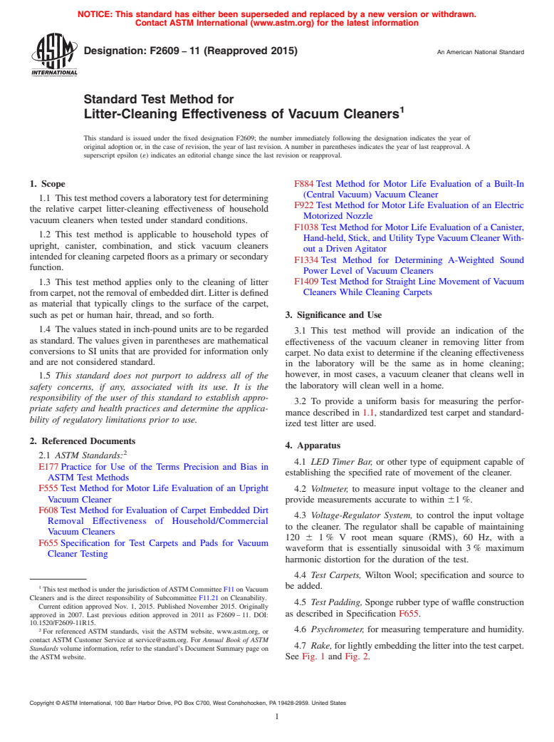 ASTM F2609-11(2015) - Standard Test Method for  Litter-Cleaning Effectiveness of Vacuum Cleaners