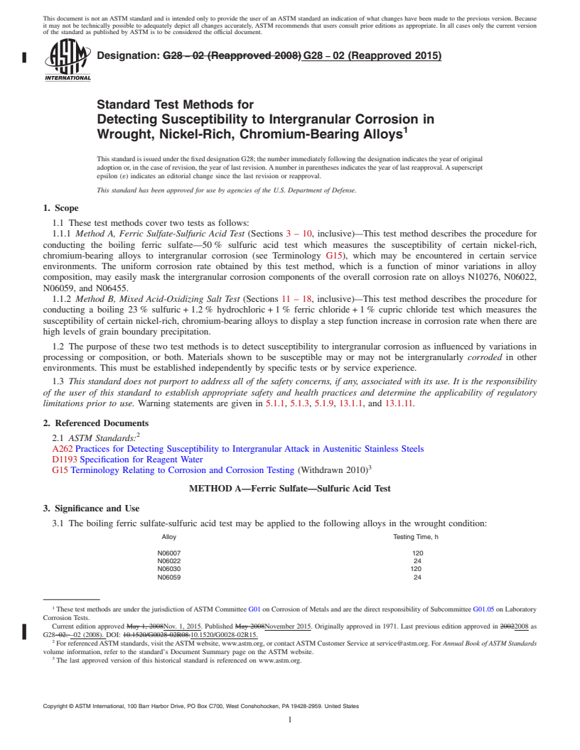 REDLINE ASTM G28-02(2015) - Standard Test Methods for  Detecting Susceptibility to Intergranular Corrosion in Wrought, Nickel-Rich, Chromium-Bearing Alloys