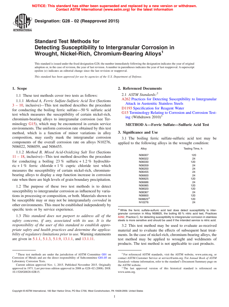 ASTM G28-02(2015) - Standard Test Methods for  Detecting Susceptibility to Intergranular Corrosion in Wrought, Nickel-Rich, Chromium-Bearing Alloys