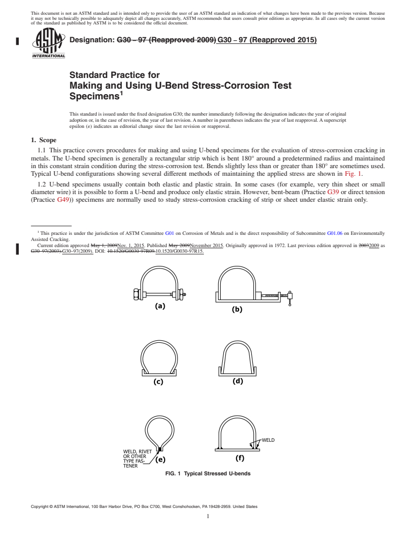 REDLINE ASTM G30-97(2015) - Standard Practice for  Making and Using U-Bend Stress-Corrosion Test Specimens