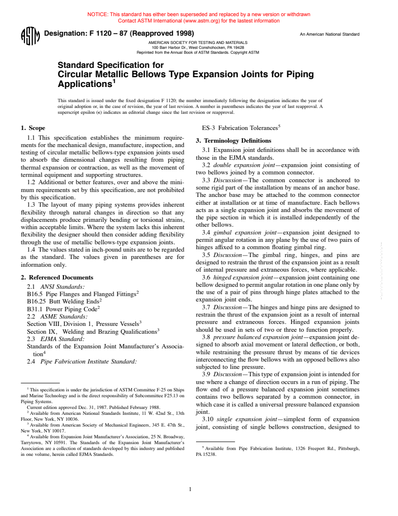 ASTM F1120-87(1998) - Standard Specification for Circular Metallic Bellows Type Expansion Joints for Piping Applications