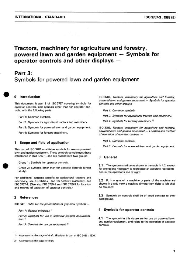 ISO 3767-3:1988 - Tractors, machinery for agriculture and forestry, powered lawn and garden equipment -- Symbols for operator controls and other displays