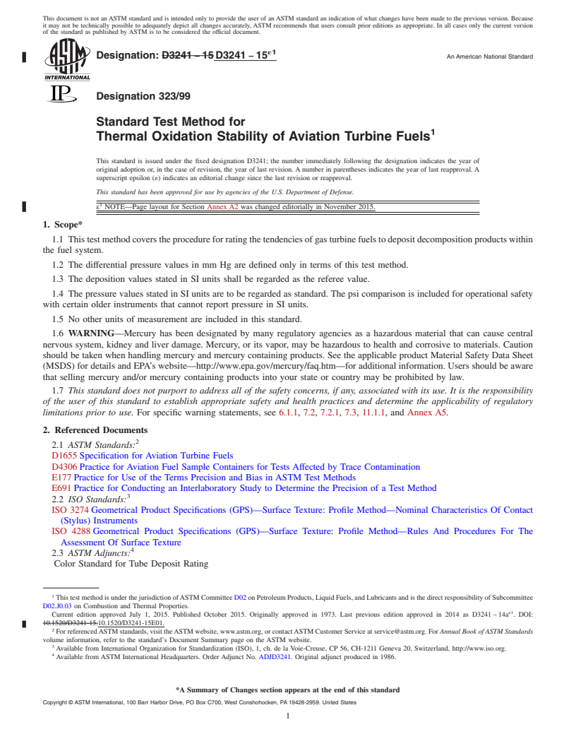 REDLINE ASTM D3241-15e1 - Standard Test Method for Thermal Oxidation Stability of Aviation Turbine Fuels