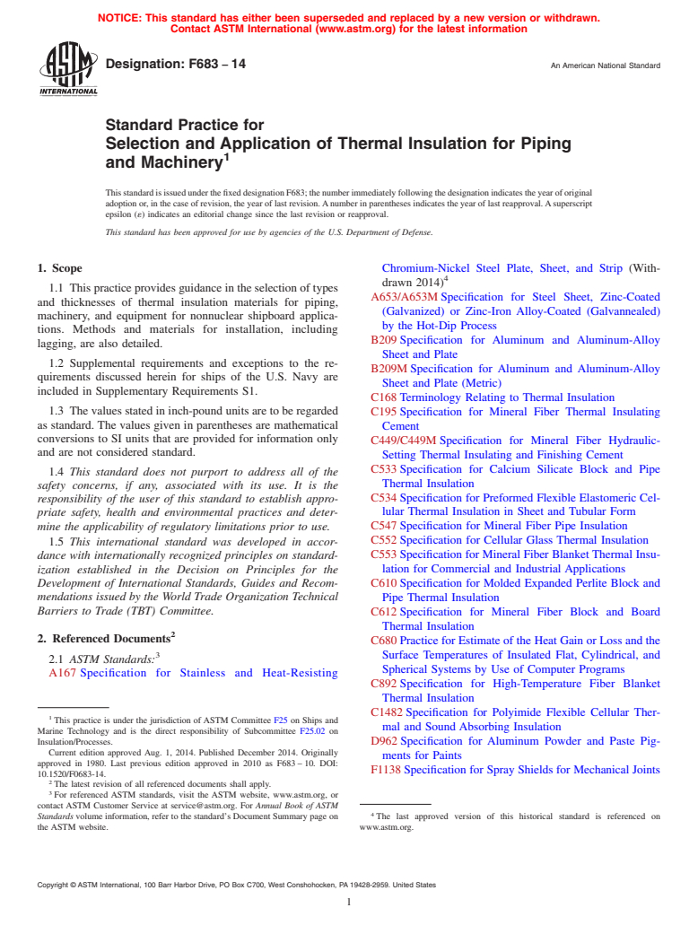 ASTM F683-14 - Standard Practice for  Selection and Application of Thermal Insulation for Piping   and Machinery