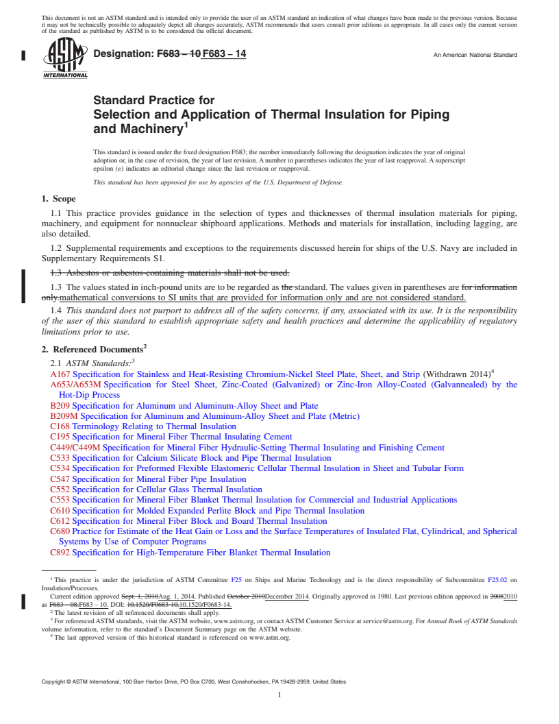 REDLINE ASTM F683-14 - Standard Practice for  Selection and Application of Thermal Insulation for Piping   and Machinery