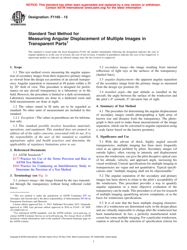 ASTM F1165-15 - Standard Test Method for  Measuring Angular Displacement of Multiple Images in Transparent  Parts