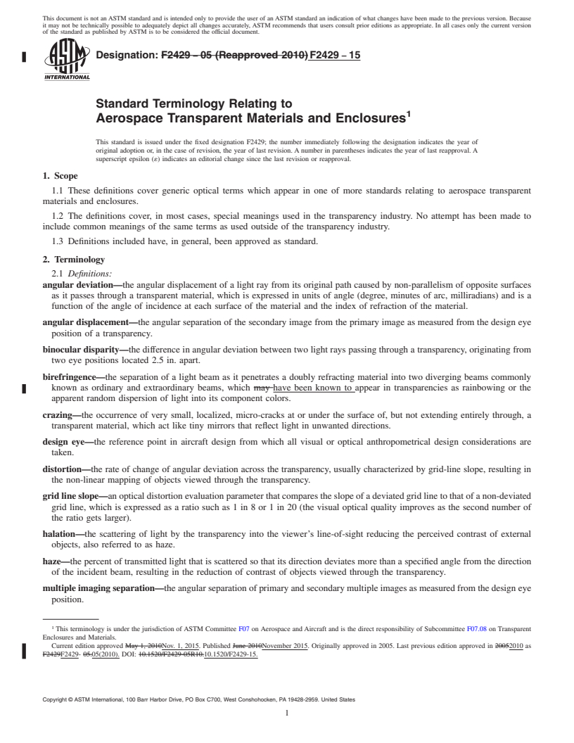 REDLINE ASTM F2429-15 - Standard Terminology Relating to  Aerospace Transparent Materials and Enclosures