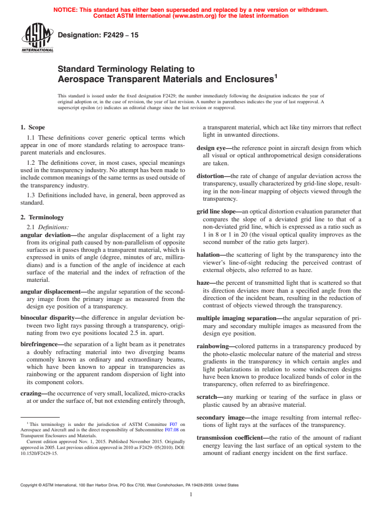 ASTM F2429-15 - Standard Terminology Relating to  Aerospace Transparent Materials and Enclosures