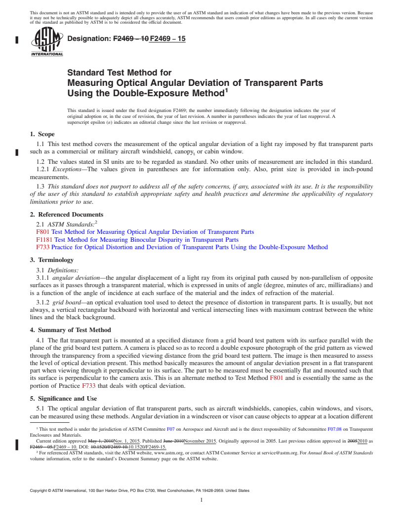 REDLINE ASTM F2469-15 - Standard Test Method for  Measuring Optical Angular Deviation of Transparent Parts Using  the Double-Exposure Method