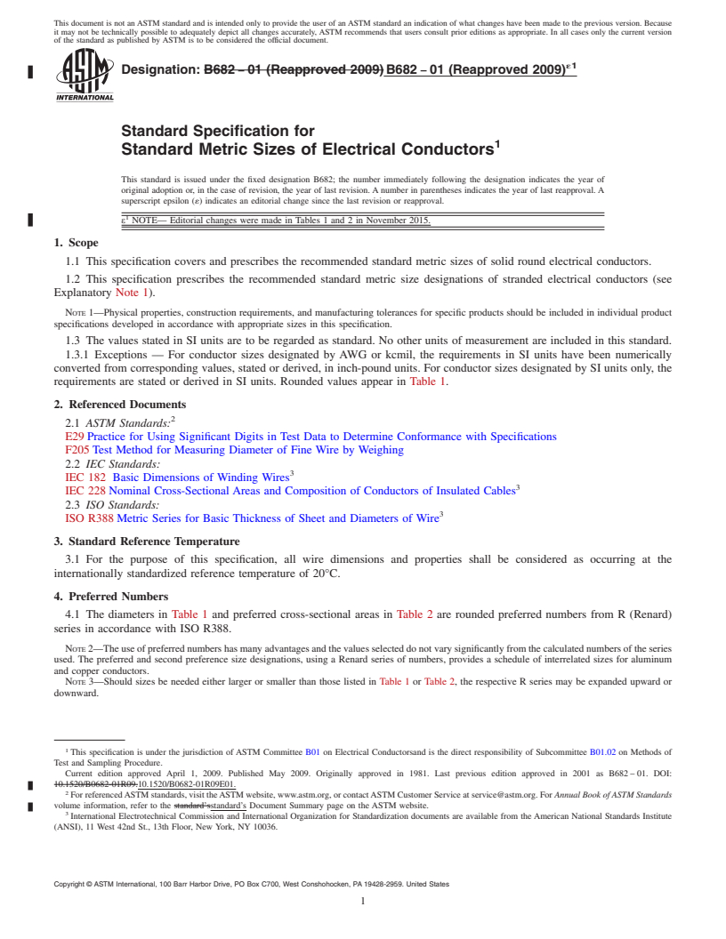 REDLINE ASTM B682-01(2009)e1 - Standard Specification for Standard Metric Sizes of Electrical Conductors