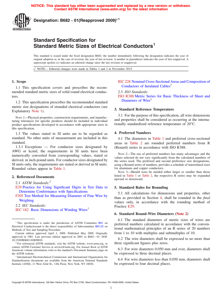 ASTM B682-01(2009)e1 - Standard Specification for Standard Metric Sizes of Electrical Conductors