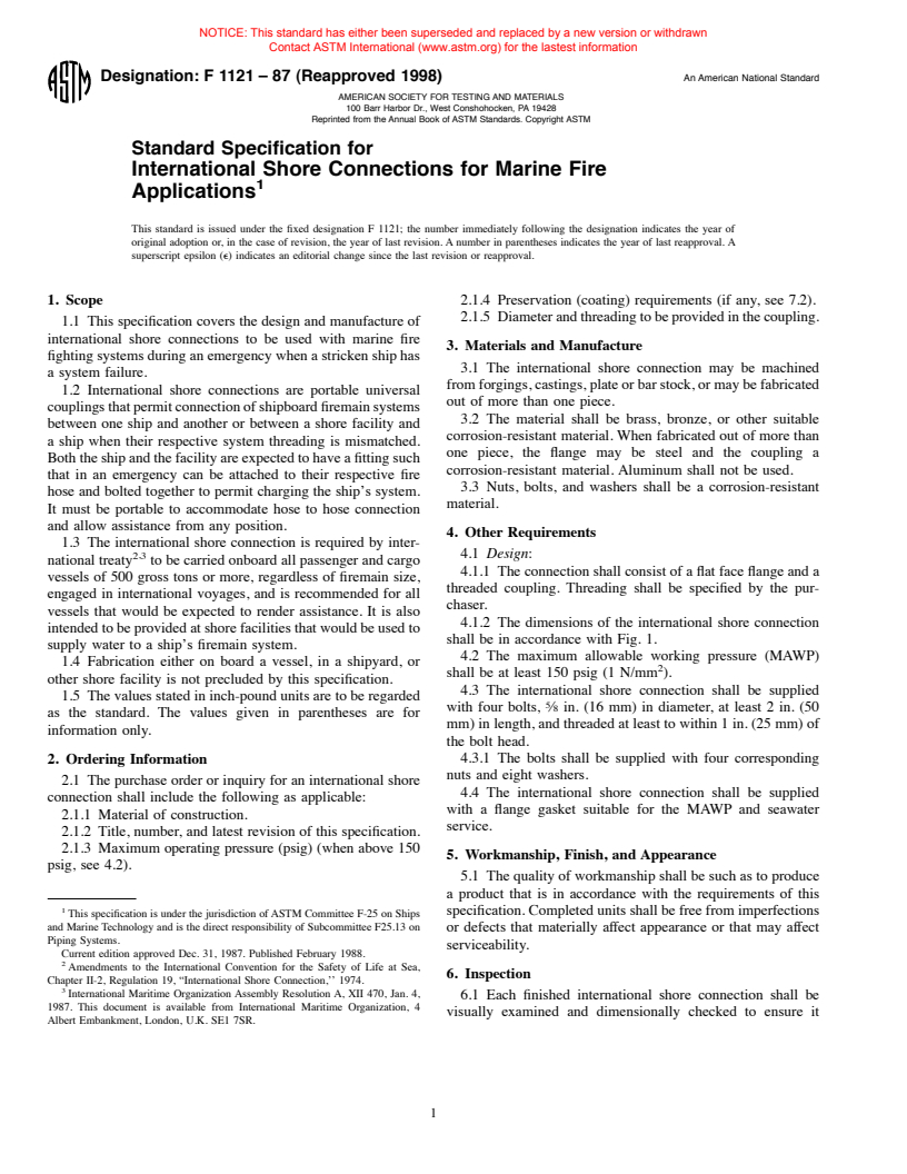 ASTM F1121-87(1998) - Standard Specification for International Shore Connections for Marine Fire Applications