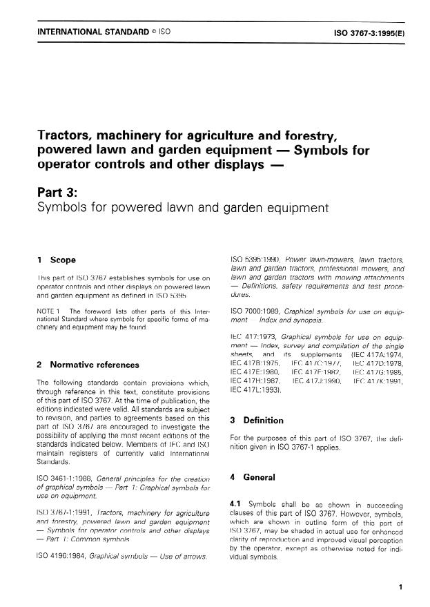 ISO 3767-3:1995 - Tractors, machinery for agriculture and forestry, powered lawn and garden equipment -- Symbols for operator controls and other displays