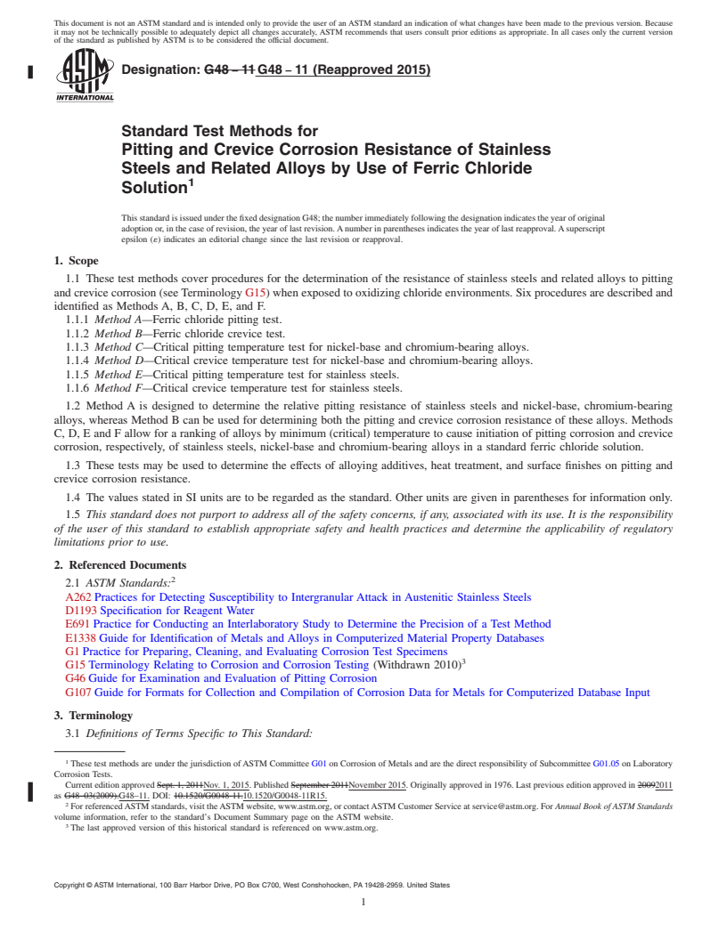 REDLINE ASTM G48-11(2015) - Standard Test Methods for  Pitting and Crevice Corrosion Resistance of Stainless Steels  and Related Alloys by Use of Ferric Chloride Solution