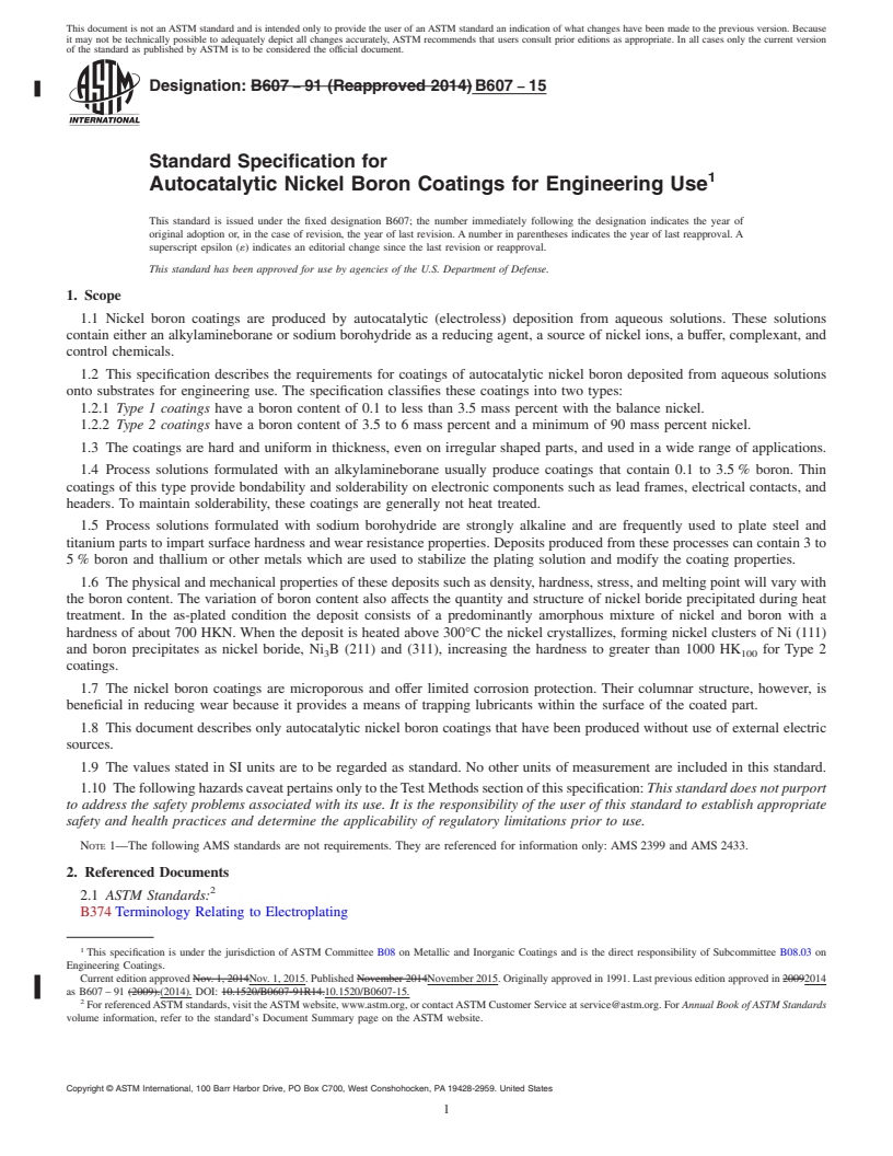 REDLINE ASTM B607-15 - Standard Specification for  Autocatalytic Nickel Boron Coatings for Engineering Use