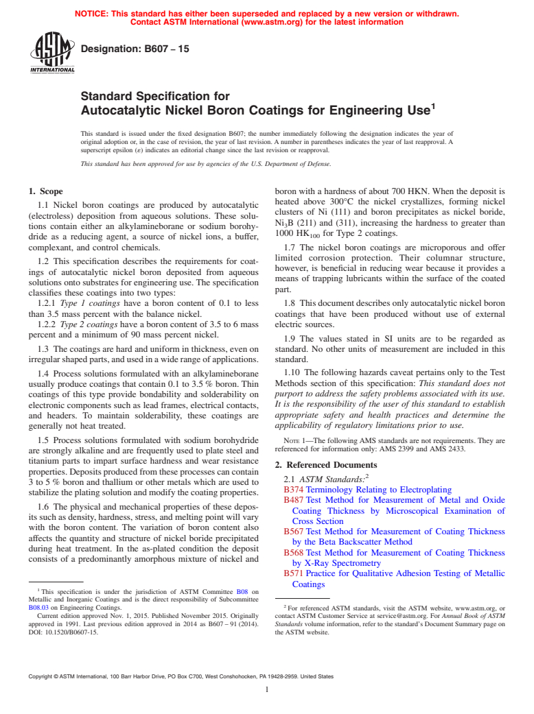 ASTM B607-15 - Standard Specification for  Autocatalytic Nickel Boron Coatings for Engineering Use